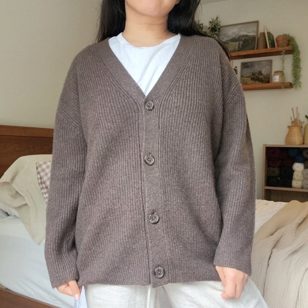 Quince 100% Cashmere Oversized Cocoon Boyfriend Cardigan, Brown XS